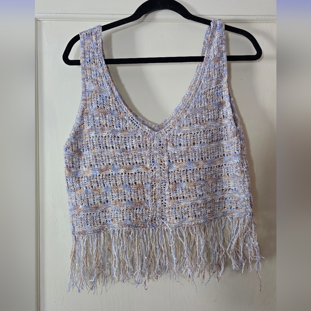 Fringed Knit Tank Top - Cream and Brown NWOT